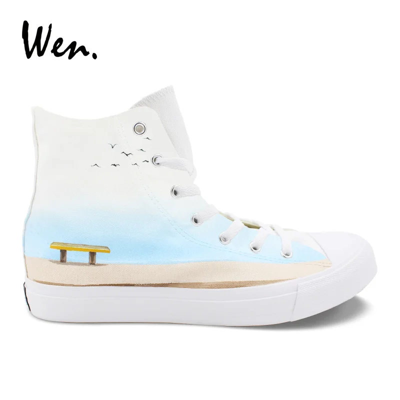 Wen Hand Painted Original Shoes Design Elephant Sitting on the Bench High Top Canvas Sneakers Female Skateboarding Male | Спорт и