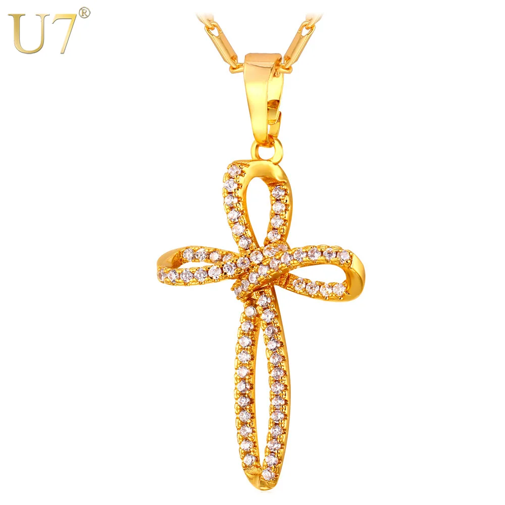 U7 Крест Кулон Ожерелье Для Женщин Ювелирные Изделия Позолоченный Циркон Крестик