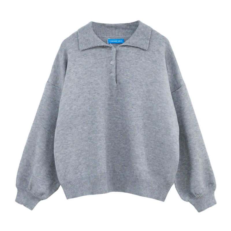 2019 Autumn New Women's Pullovers Sweater Turn-down Collar Full Lantern Sleeve Button Design Solid Korean Casual Tops T97322D | Женская