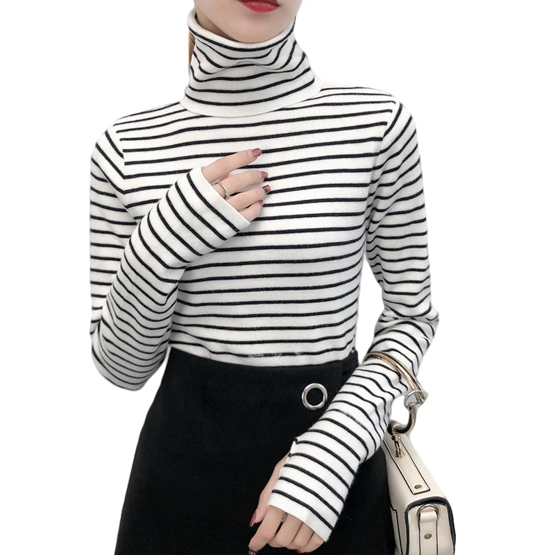 Chic Wind Knitted Sweater And Pullovers Women 2019 Fashion High Collar Striped Slim Pullover Classic Wild Basic Sweaters D716 | Женская