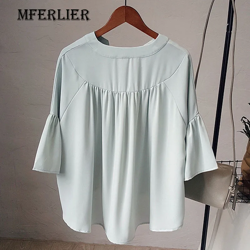 Solid Preppy Style Chiffon Shirt Loose V Neck Bow Drawstring Butterfly Sleeve Patchwork White Pink Green Womens Tops And Blouses |