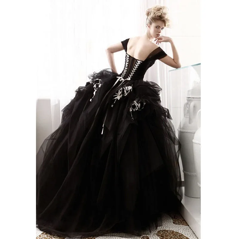 Женское длинное свадебное платье Белое и черное из тюля с аппликацией оборками