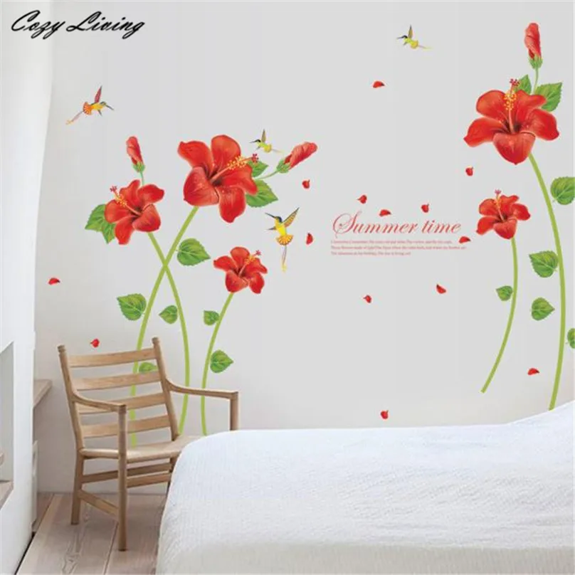 Наклейка на стену в спальню с изображением Красного макового цветка съемная