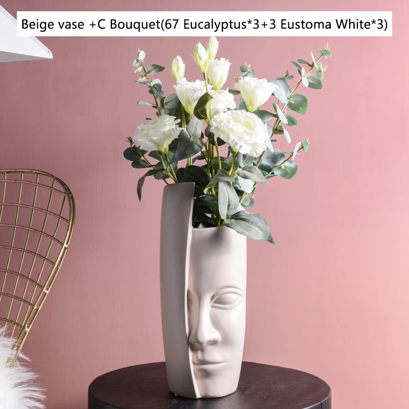 Beige(C bouquet) Художественная ваза в скандинавском стиле, керамическая ваза для цветочной композиции, винтажные вазы для искусственных цветов, керамическая ваза для абстрактного лица - Цвет: Beige(C bouquet)