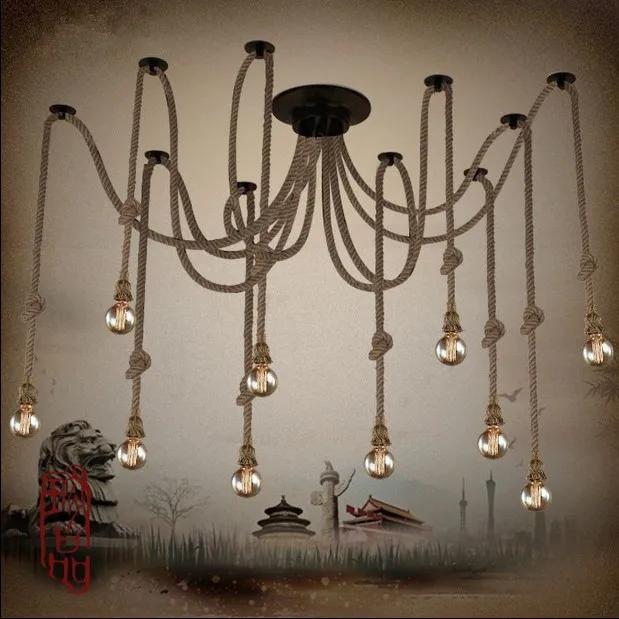 Hemp Rope Chandelier Antique Classic Adjustable Diy Ceiling Spider Lamp
Light Retro Edison Bulb Pedant Lamp for home