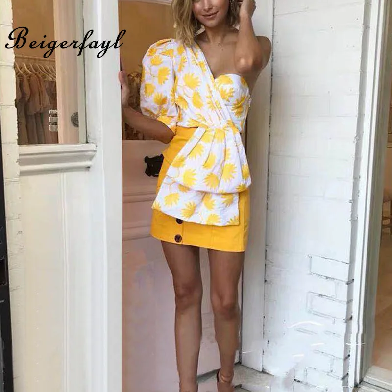 Beigerfayl/2019 летняя новая желтая женская рубашка с цветочным принтом модная блузка