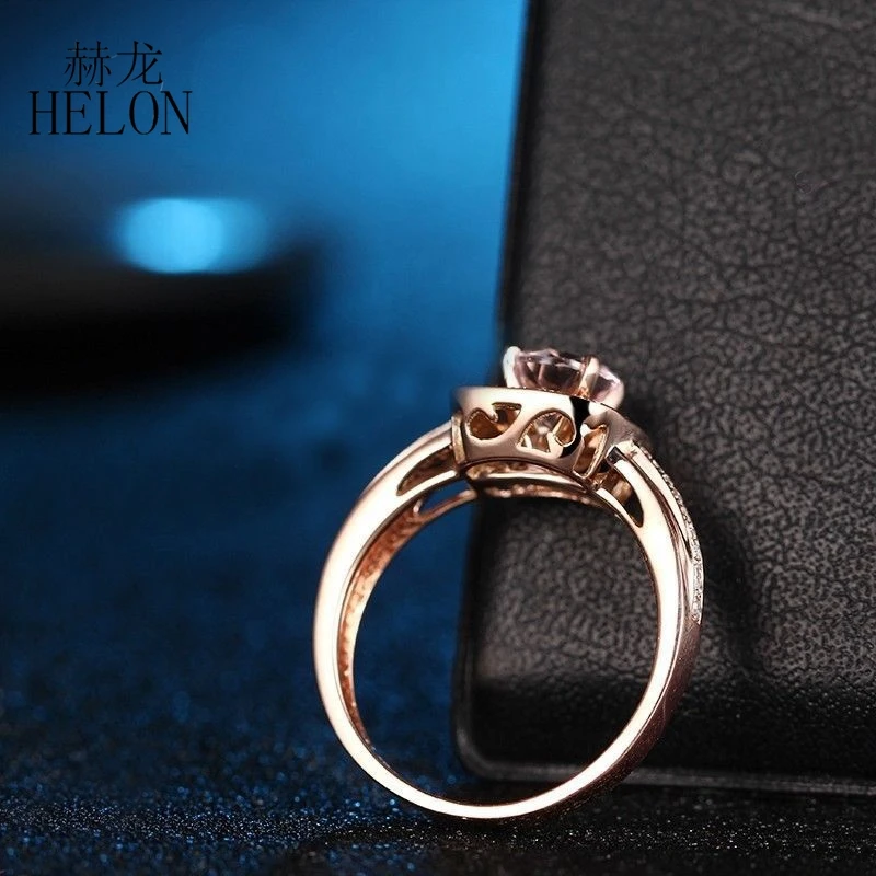 

HELON Solid 14K Rose Gold Round Cut 6mm Flawless 0.68ct 100% Genuine Pink Morganite Halo Real Diamonds Wedding Women Party Ring