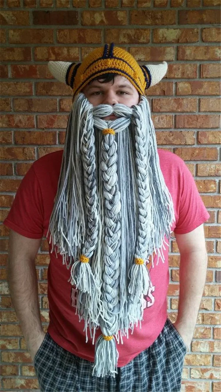 Забавные мужские вязаные шапки Vikings Beanies ручной работы с рогом бороды зимние