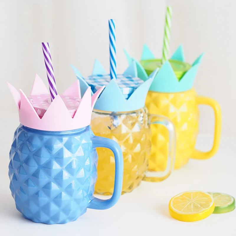 Ананас моделирование стекло Mason Jar чашки Милые Чашки молоко пиво Кружка Крышка с отверстием и соломинкой экологически чистые бутылки для напитков