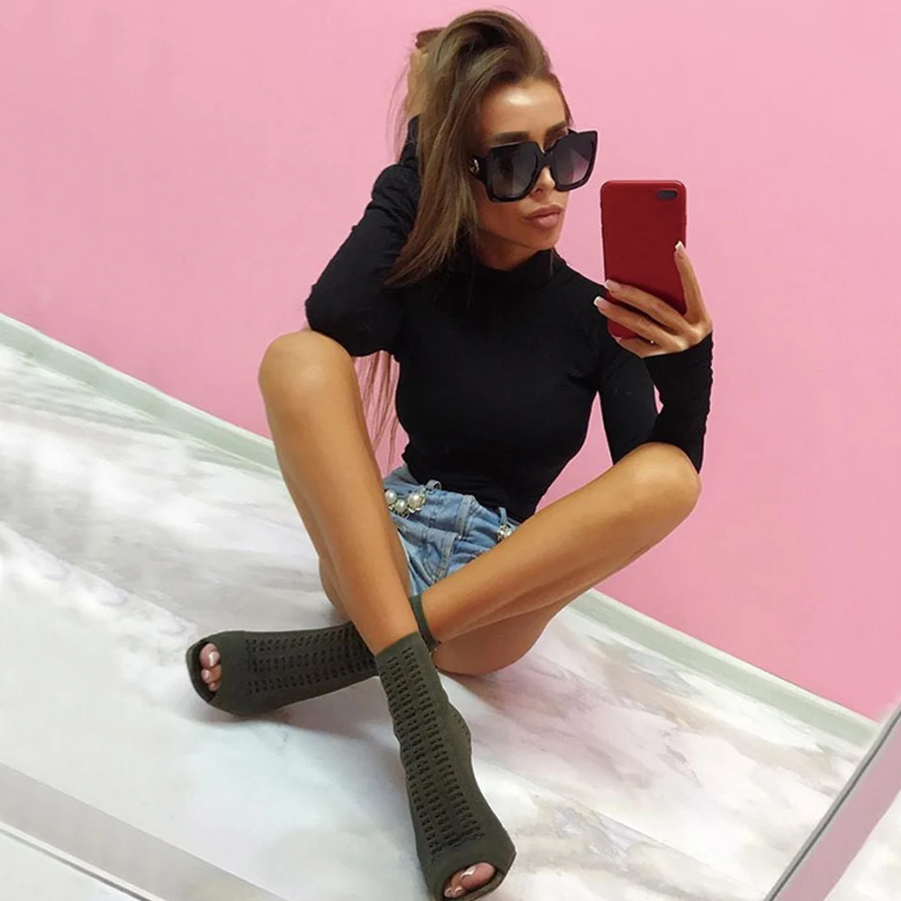 Хлопковая футболка с длинными рукавами боди высоким воротником комбинезон