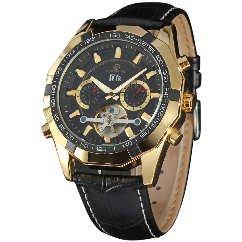 50 шт./лот 2016 FORSINING Мужчины Гент Черный Tourbillon Дата Винтаж Механические Часы DHL