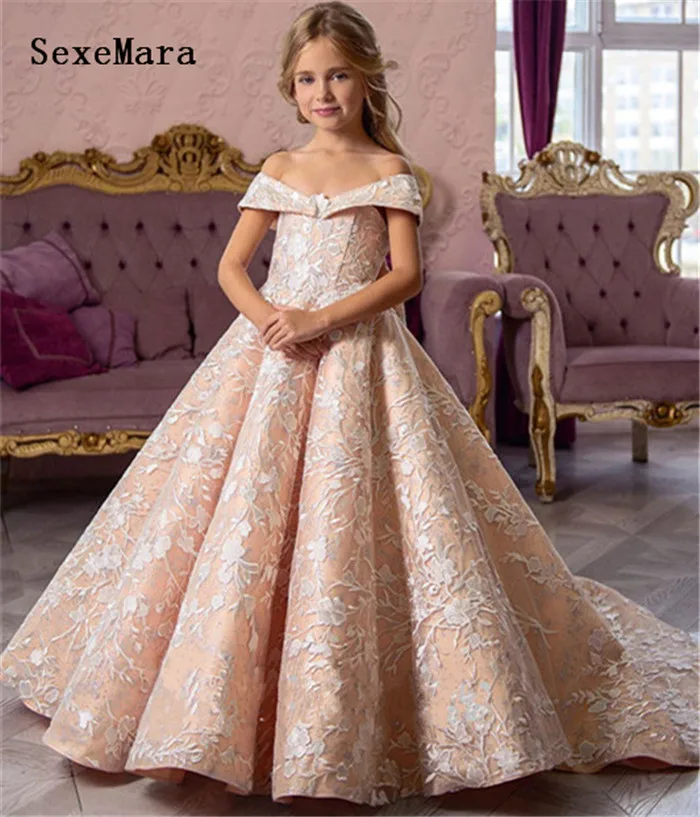 same as picture Новое бальное платье с открытыми плечами, платья для девочек на свадьбу, атласное детское платье с аппликацией на день рождения Пышное вечернее платье размер на заказ - Цвет: same as picture