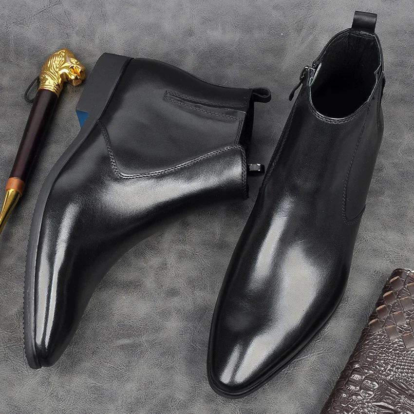 

New Vintage Genuine Leather Formal Dress Man High-Top Ankle Boots Pointed Toe Men's Handmade Riding Shoes For Wedding AM113