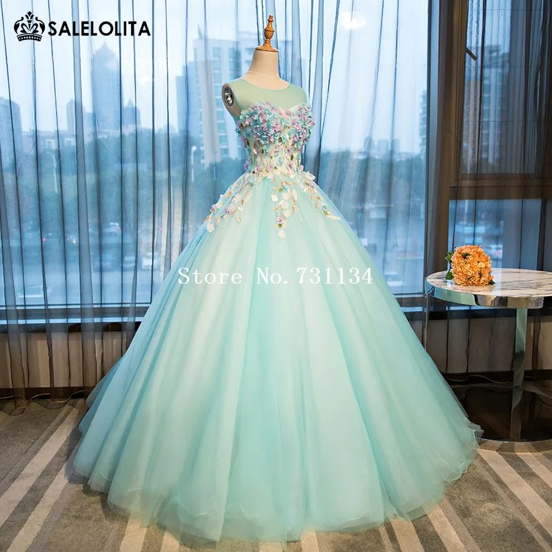 2017 Gorgeous Light Green Flowers Applique Pageant Party Dress Women Sleeveless Floor Length Ball Gown vestidos de festa Женская
