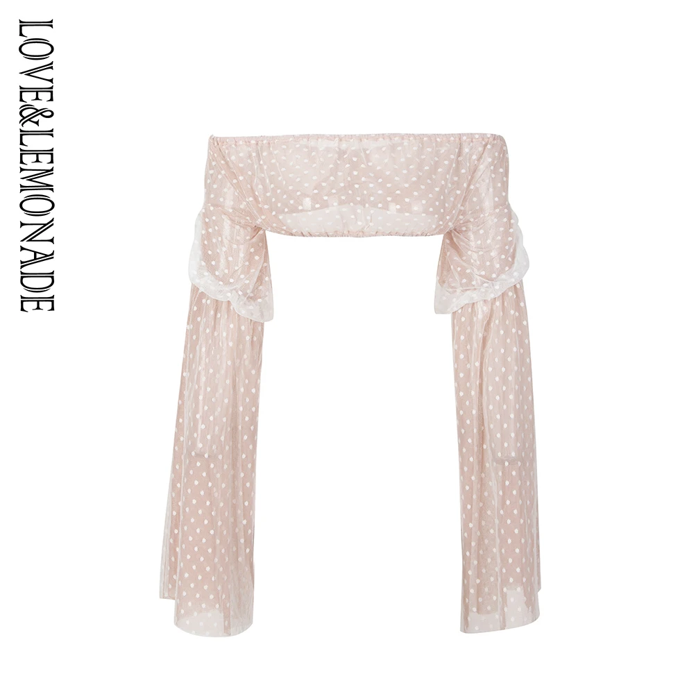 Женский топ в горошек LOVE & LEMONADE белый с сетчатым верхом и рукавами фонариками