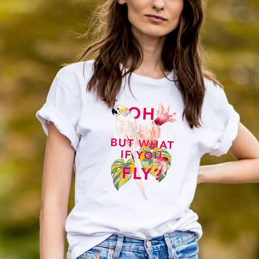 

Funny Print Pink Bird Summer t shirt women Plus Size White Basic tops & tees for Ladies Girl Vintage Style