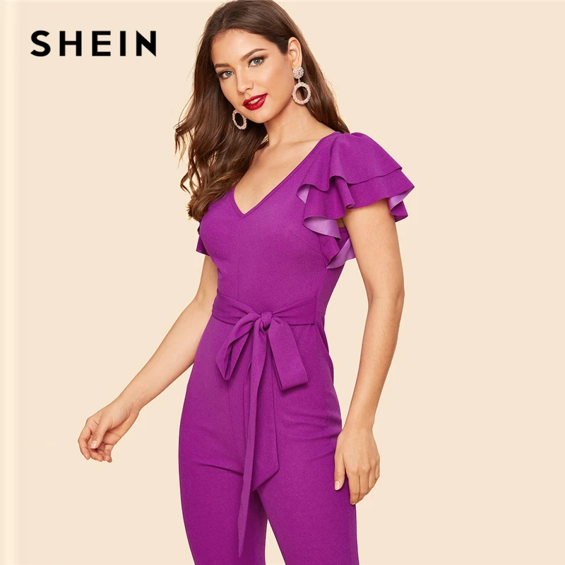 

SHEIN Purple Layered Sleeve Belted Flare Leg Plain Jumpsuit 2019 Spring V Neck High Waist Butterfly Sleeve Workwear Jumpsuits