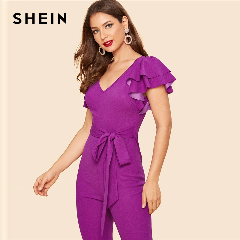 SHEIN Элегантный Комбинезон С Поясом Яркий Оригинальным Рукавом И V Образным