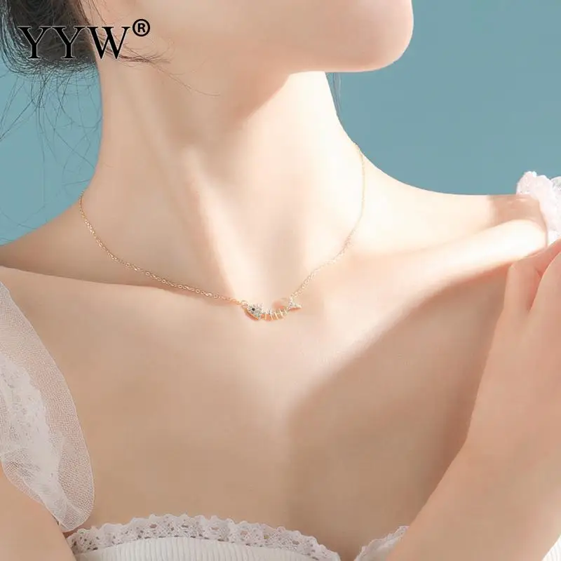 

New Fish Bone Pendants Necklaces Elegant Rhinestone & Round Neckalce Silver Plated Choker Necklace For Women Jewelry Gift