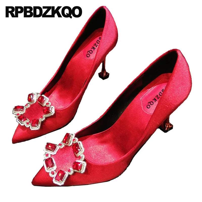 

Ladies Pumps Blue High Heels Stiletto Red Satin Shoes Silk Pointed Toe Rhinestone Bridal Size 33 Diamond 2021 Nude Thin Crystal