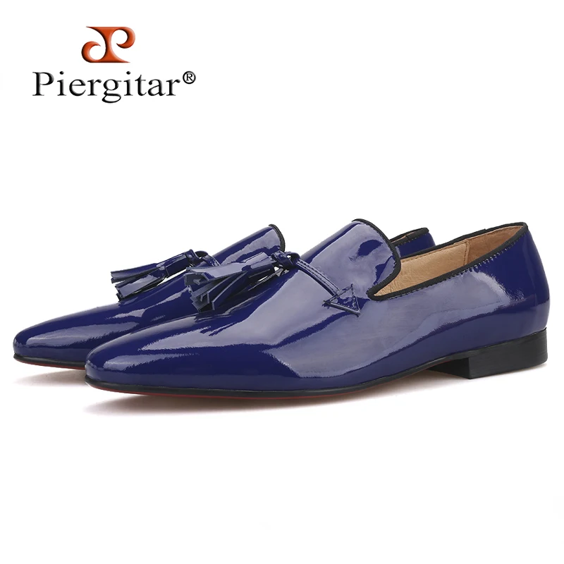 

2019 New Royal blue and Black Patent Leather men tassel shoes Fashion Party and Wedding men loafers plus size Men's casual shoes