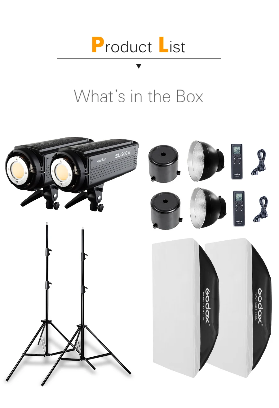 2x студийный светодиодный светильник Godox SL-200W 200Ws 5600K+ 2x2,8 м светильник+ 2x70x100 см софтбокс