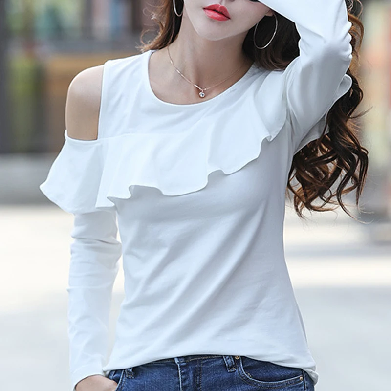SIMPLISER Ruffled T Shirts Women Long Sleeve Asymmetrical Tee Female Irregular Tops Ladies Elegant 2018 Summer clothing white | Женская