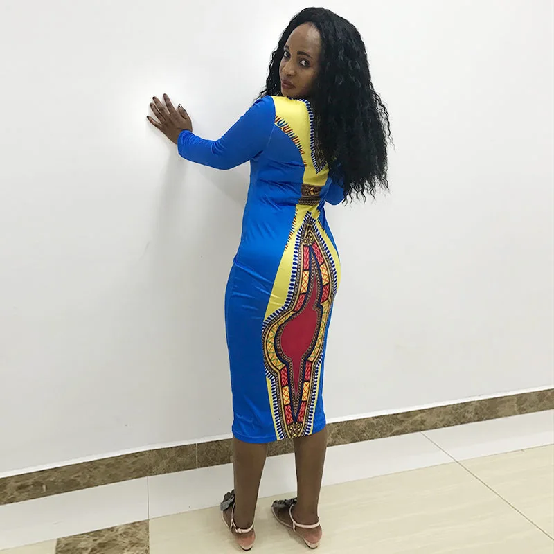 

African Women Print Dashiki Maxi Dress Woman Traditional Pattern Long Sleeve Bandage Bodycon Boho Beach Party Pencil Dresses