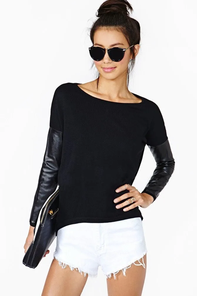 

New Women's New Fashion Pullover Long Sleeve High Street Pu Leather Lady Doskutnoe Pullover Knitted coat