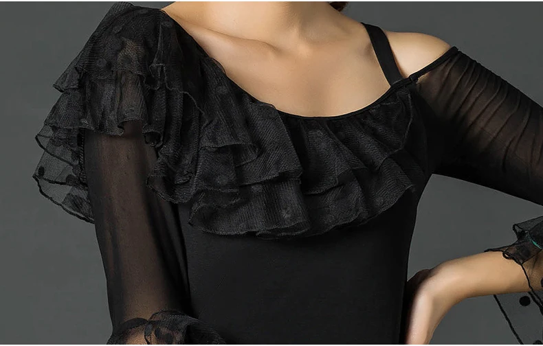 

Ballroom Waltz Dresses Top Shirt Dance Competition Dresses Ballroom Dress Standard D0195 Tango Black with Bell Sleeve Ruffles