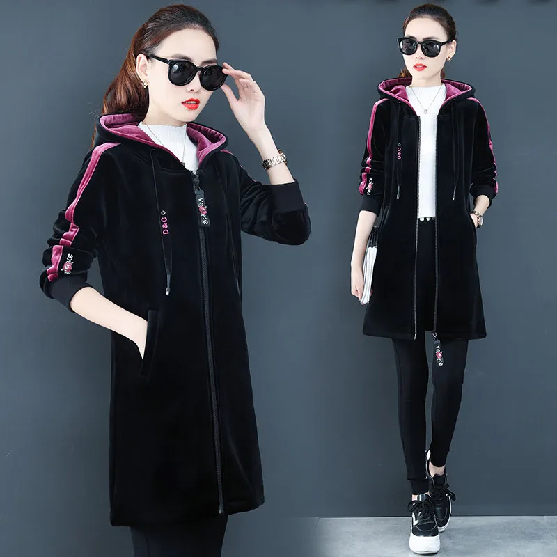 black purple Золотой бархатный свитер, женские куртки на осень и зиму, новая мода, корейский стиль, с капюшоном, длинное, плюс бархат, плотное пальто для женщин, X139 - Цвет: black purple