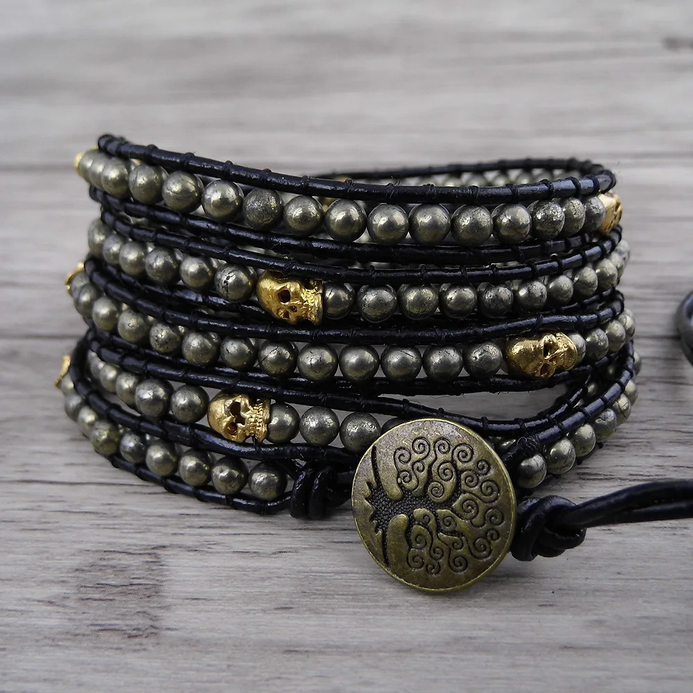 Пирит wrap череп бусы браслет кожаный Бохо Браслет yoga jewelry палантины barcelet