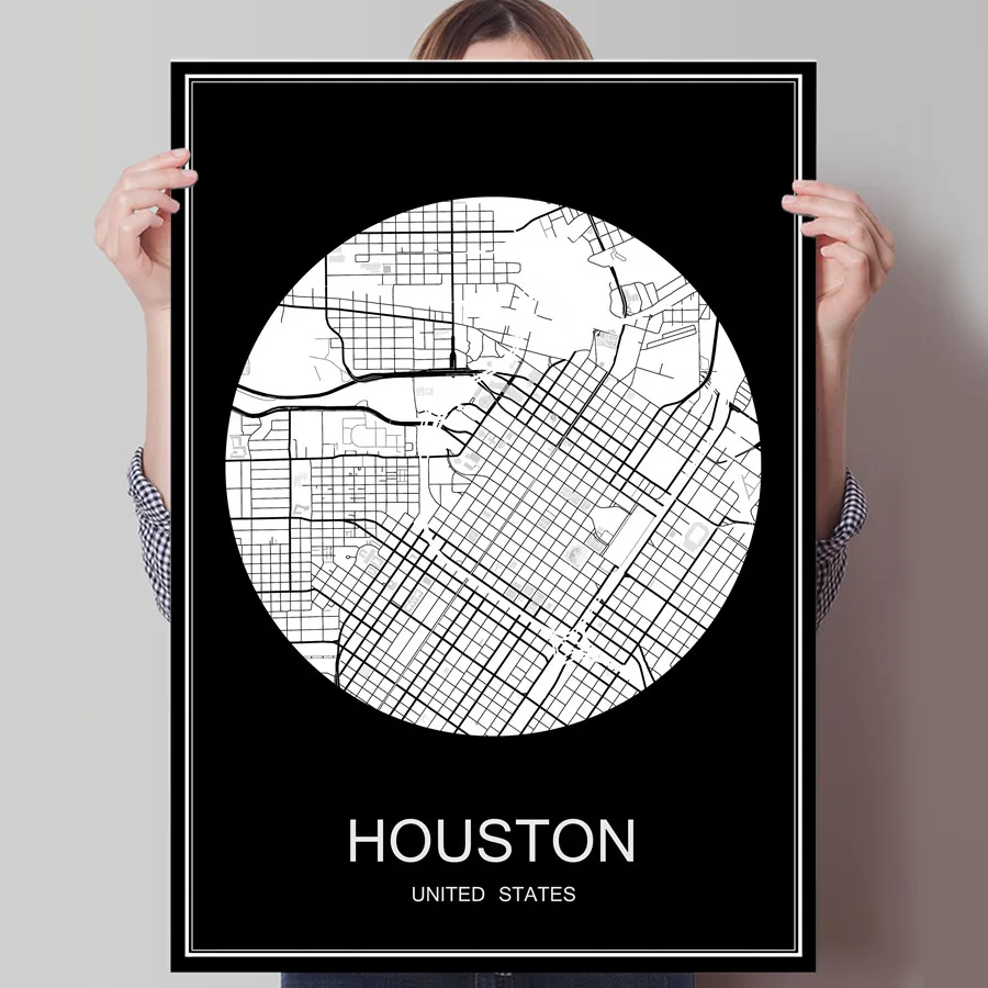 Абстрактный карта городов мира Хьюстон США печать плаката на Бумага или холст