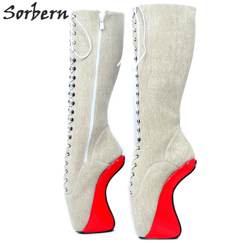 

Sorbern Red Heels Khaki Boots Knee High Platform Boots Custom Drag Queen Shoes Lace Up Vegan Booty Crossdresser Fetish Boot