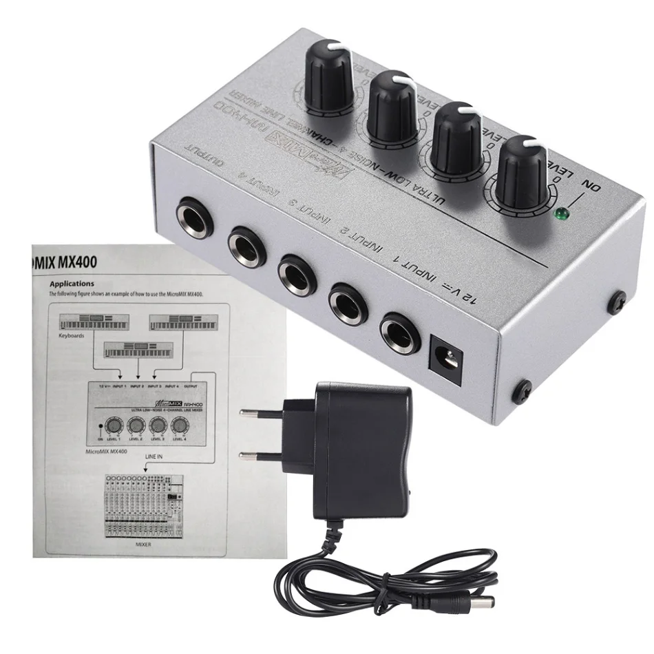 Silver EU PLUG Muslady MX400 4 микшер каналов ультра-компактный низкий уровень шума линии моно микшерный пульт аудио микшер с адаптером питания - Цвет: Silver EU PLUG
