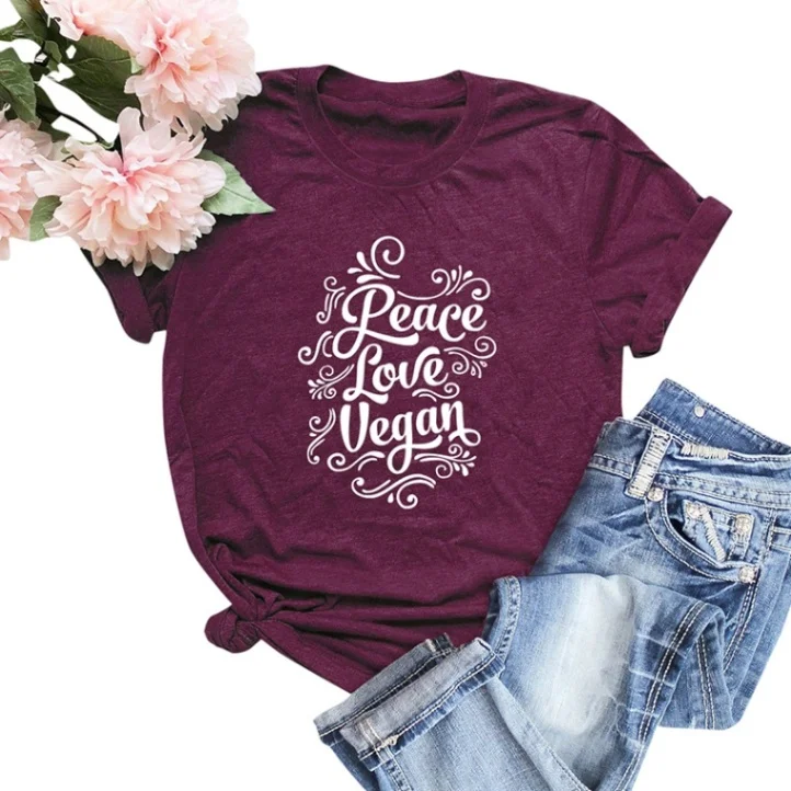 Burgundy 3 Harajuku Повседневная Женская хлопковая футболка с надписью Peace Love Vegan летняя свободная футболка с коротким рукавом и круглым вырезом - Цвет: Burgundy 3