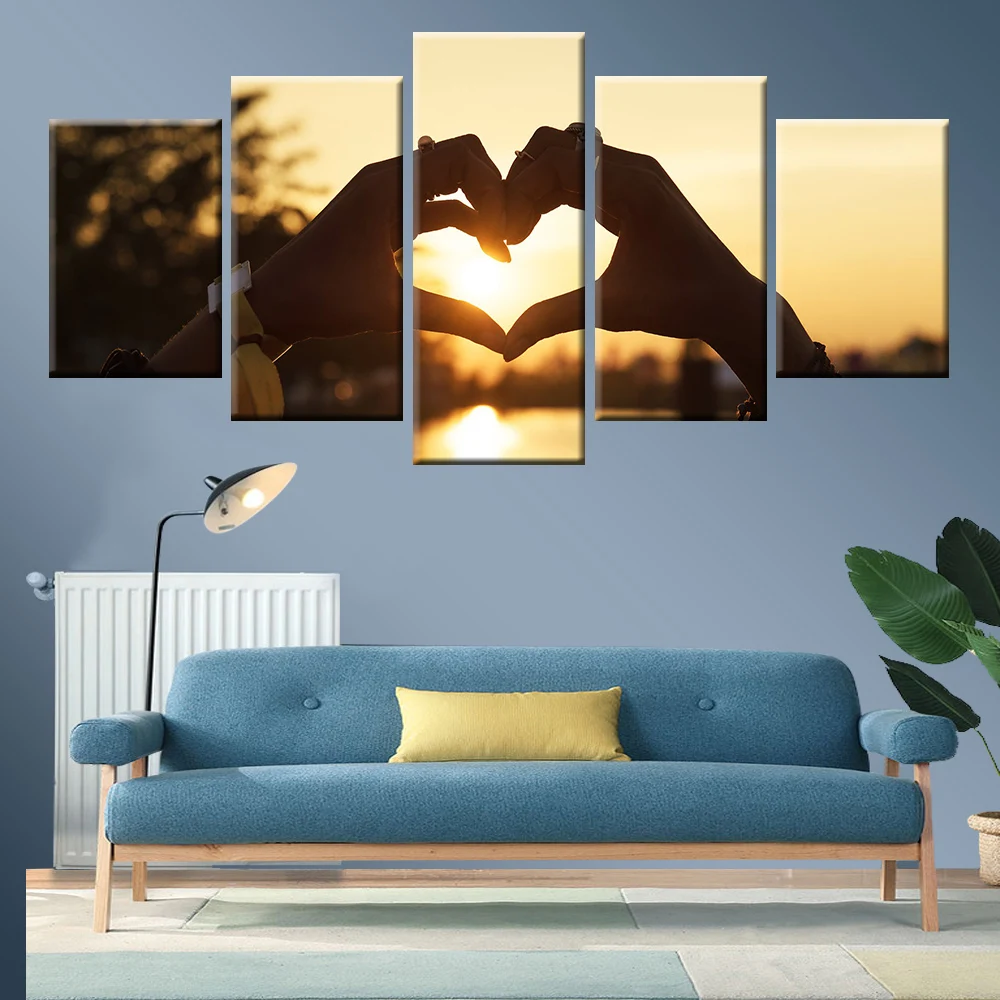 HD printing sunset hand heart shaped landscape painting poster wall art 5 panel for home decoration living room bedroom mural | Дом и сад
