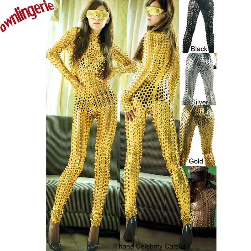 

Party free shipping women fashion pu leather catsuit in black,gold,silver,cheap jumpsuits clothes hollow out novelty leotard