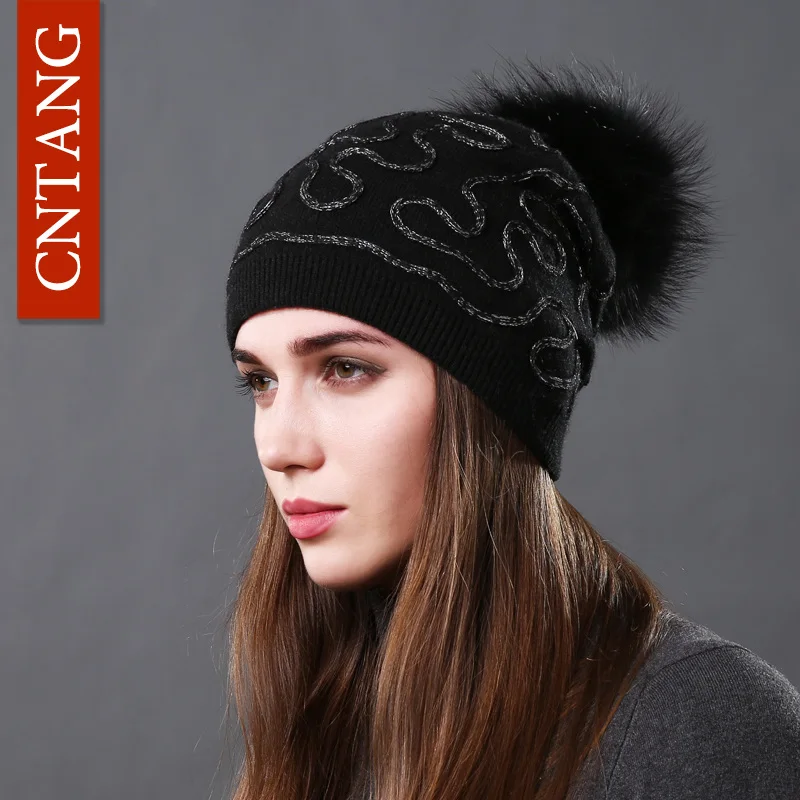 Black Black Pompom CNTANG модная Серебряная грубая нить зимняя шапка енотовый помпон шапки из натурального меха женские вязаные теплые шерстяные шапки - Цвет: Black Black Pompom