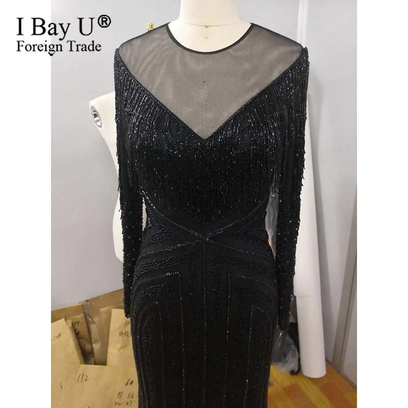 Gorgeous Black Beading Evening Dress 2020 Long Sleeve Mermaid Sliver Prom Gown Vestido De Festa