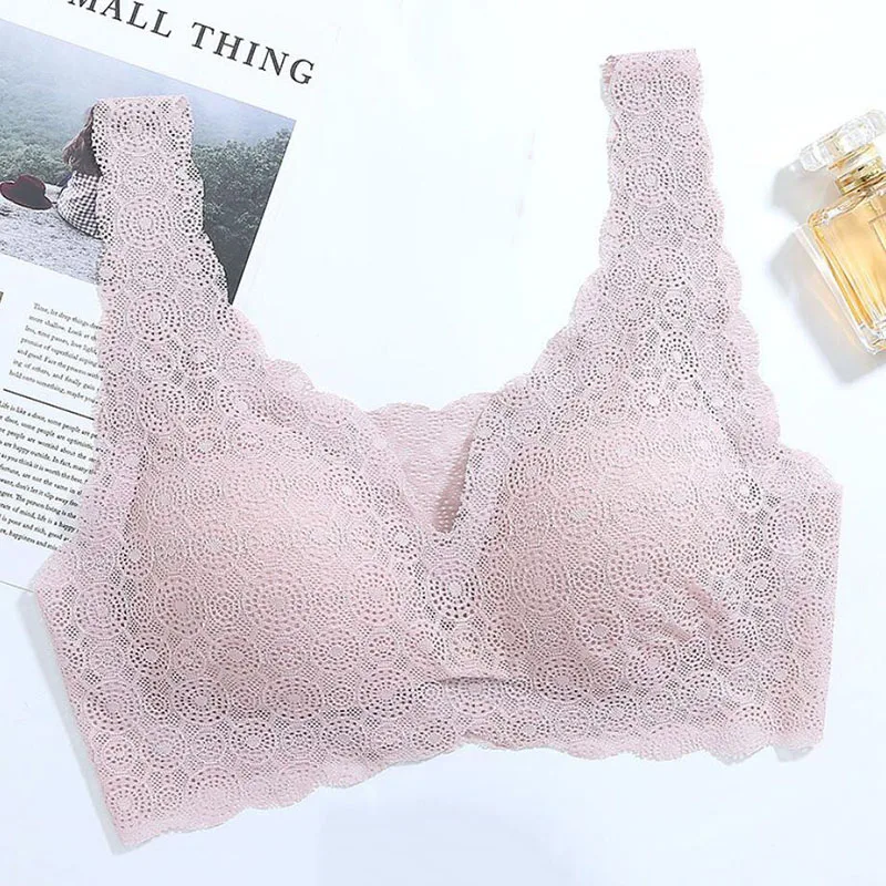 Pink Жаккардовый кружевной бюстгальтер для сна трехмерная хлопковая форма чашка съемный коврик без стального кольца жилет бесшовный спортивный бюстгальтер - Цвет: Pink