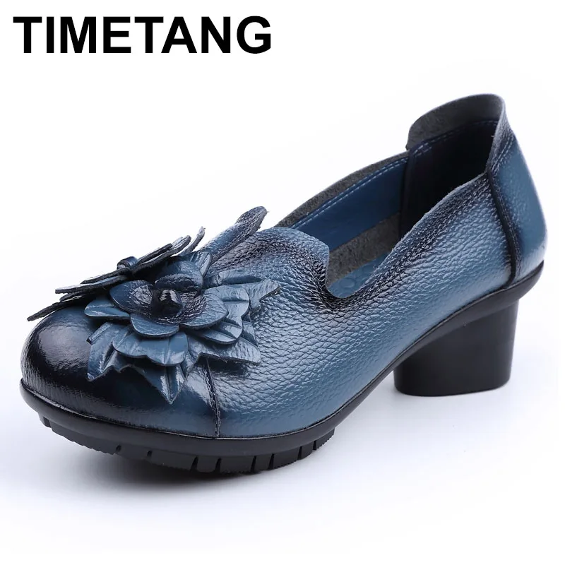 

TIMETANG Spring Autumn Retro Style Handmade Shoes Women Thick With Heels Pumps Round Toe High Heels Genuine Leather Shoe