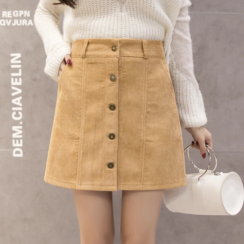 Autumn Skirts Womens Korean Fashion Casual Corduroy Skirt Women Single Breasted A-Line High Waist Mini Jupe Femme Faldas | Женская