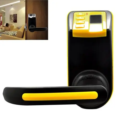 Дверной замок желтого цвета с идентификацией по отпечатку пальца паролем и