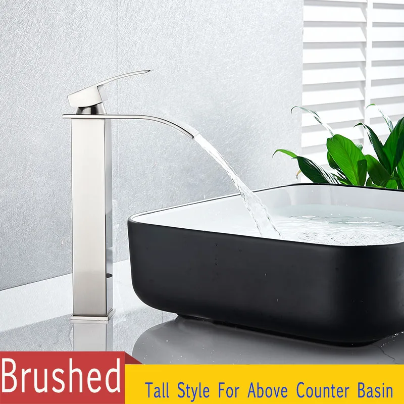 Brushed Nickel Золотой Водопад Ванная раковина кран над столешницей раковина на бортике холодной горячей воды смеситель с одной ручкой одно отверстие водопроводный кран - Цвет: Brushed Nickel