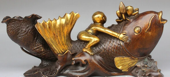 rui wholesale factory 13&quot Chinese Bronze Gild Boy Tong Zi Lad Seat Fish Louts Leaf Statue Sculpture | Дом и сад