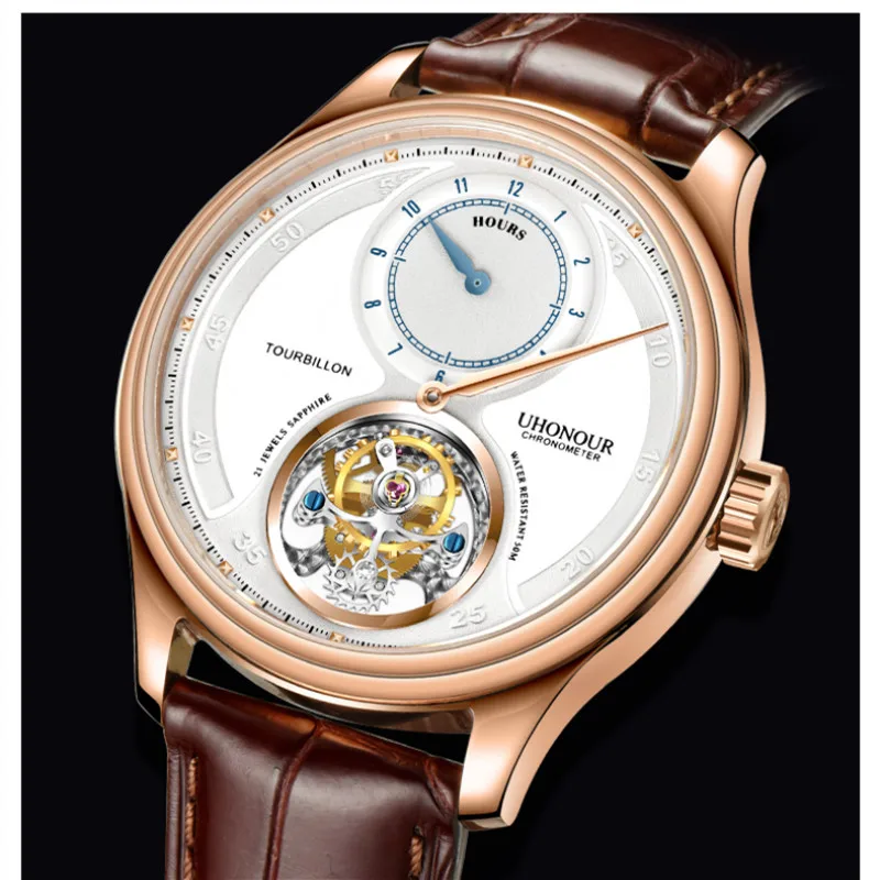 Rose Gold Brown Высокая-конец Tourbillon Для мужчин наручные часы ручной Tourbillon 12-часовой циферблат из крокодиловой кожи Бизнес механические часы Для мужчин ST8006 - Цвет: Rose Gold Brown