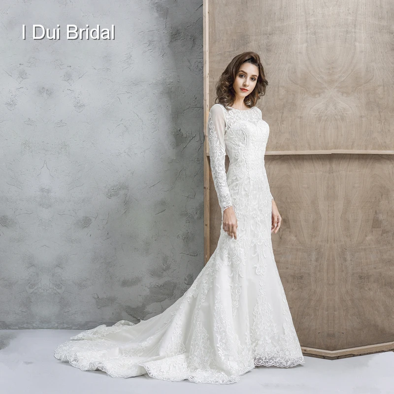 

Long Sleeve Lace Wedding Dress Sheath High Quality Fabric and Design
