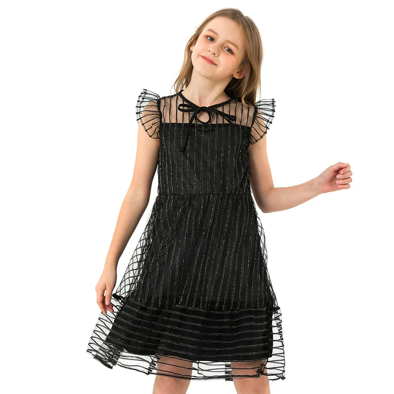 

Teenagers Black Dress Fly Sleeve Striped Dresses Children's Clothing 2019 Summer Dress Girl 13 14 15 Princess Dress Mesh Vestido