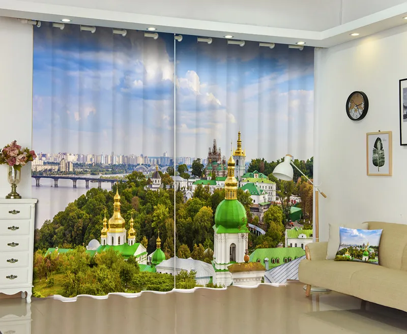 

3D оконные занавески, фото голубого неба, белых облаков, городской солнцезащитный козырек для гостиной, спальни